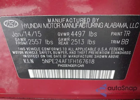 2015 Hyundai Sonata Se from USA, damaged, VIN 5NPE24AF1FH167618